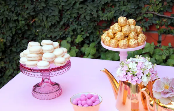 Flowers, table, chocolate, candy, vases, pills, macaron