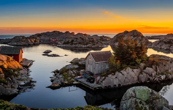 Picture sea, the sky, sunset, stones, shore, horizon, Norway, houses