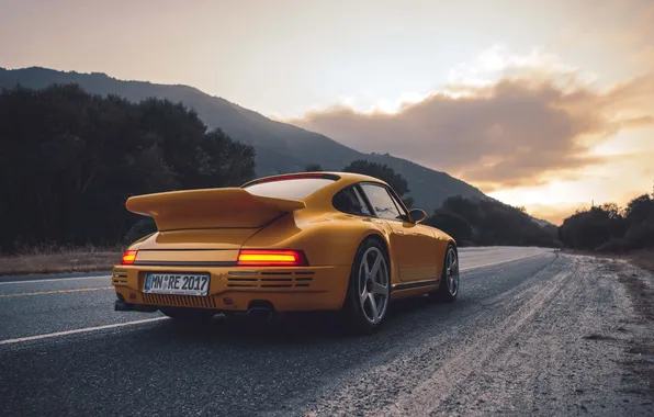 Road, trees, sunset, yellow, mountain, porsche, rear view, shrubs