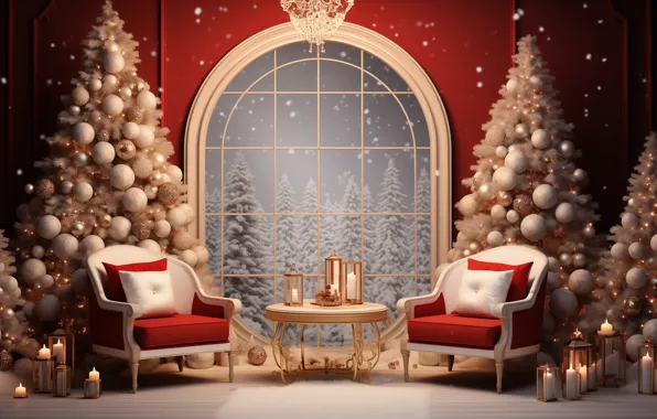 Winter, forest, snow, room, furniture, interior, pillow, candles