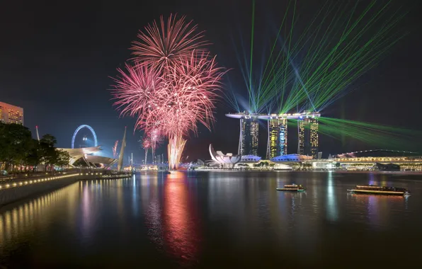 Lights, lights, skyscrapers, salute, Singapore, architecture, megapolis, blue