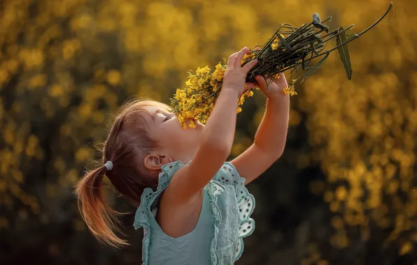 Picture summer, flowers, nature, dress, girl, baby, child, a bunch