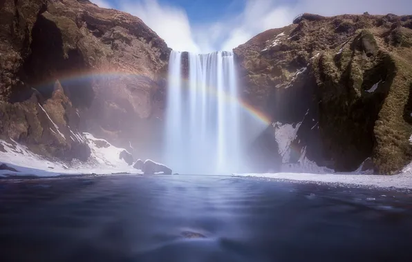 Mountains, waterfall, rainbow