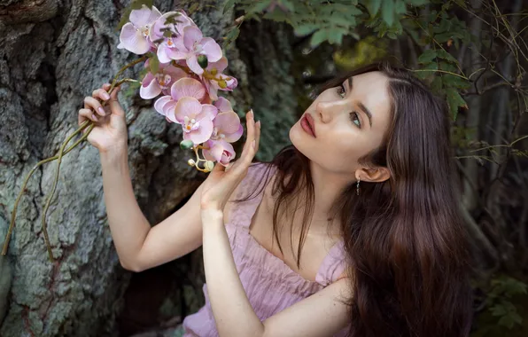 Girl, flowers, face, pose, hands, long hair, Orchid, Zhenya Bubeeva