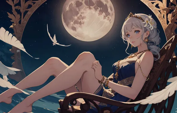 Dreams, birds, night, the moon, anime, legs, beautiful girl, digital art