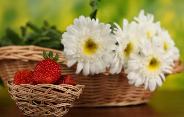 Flowers, table, strawberry, bokeh, baskets