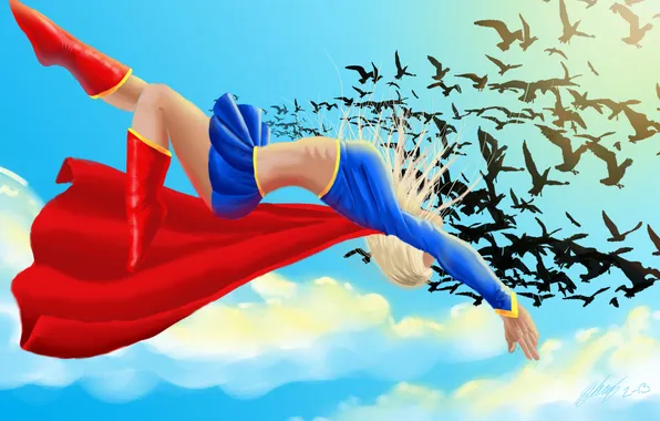 The sky, flight, birds, art, costume, cloak, DC Comics, Supergirl