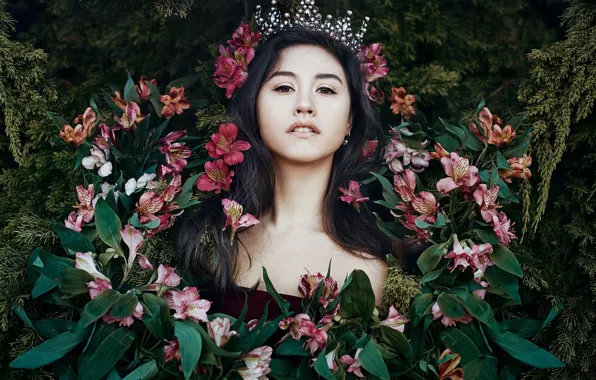 Picture look, girl, flowers, face, crown, alstremeria, Bella Kotak