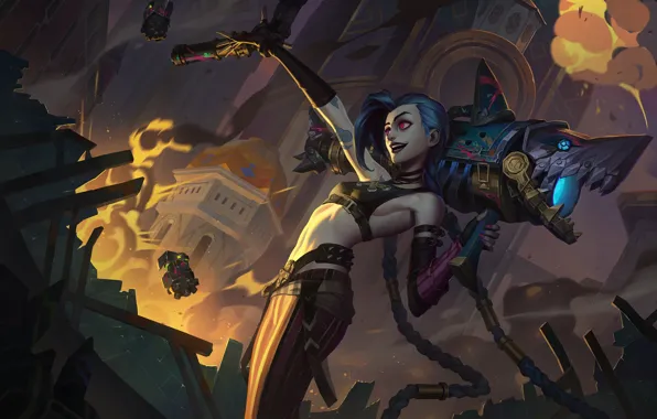 Girl, Girl, Art, lol, League of Legends, Blue hair, Jinx, Netflix