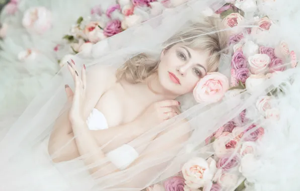 Look, girl, flowers, face, pose, woman, portrait, hands
