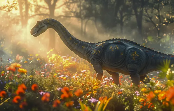 Flowers, Trees, Dawn, Dinosaur, Neck, Animal, Tail, Digital art
