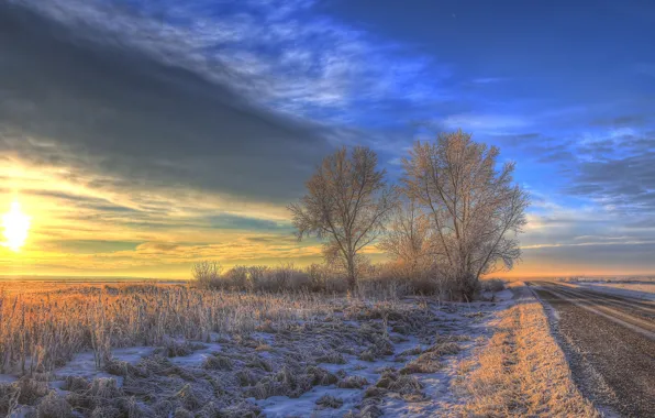 Wallpaper road, clouds, snow, trees, sunrise