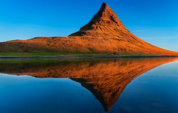 Picture mountains, reflection, Iceland, Kirkjufell, Priroda