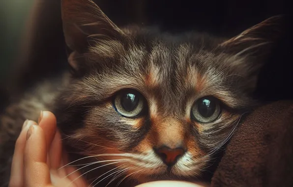 Sadness, cat, cat, look, pose, the dark background, grey, hand