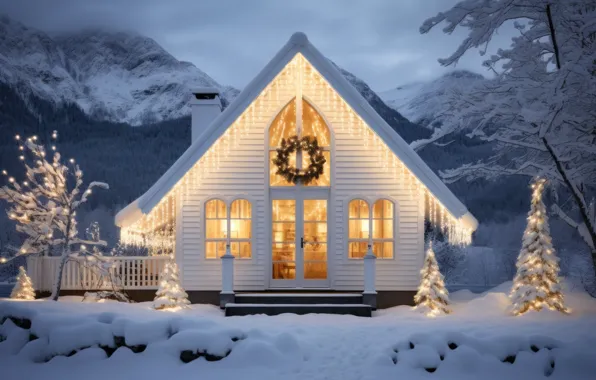 Winter, frost, forest, light, snow, trees, mountains, house