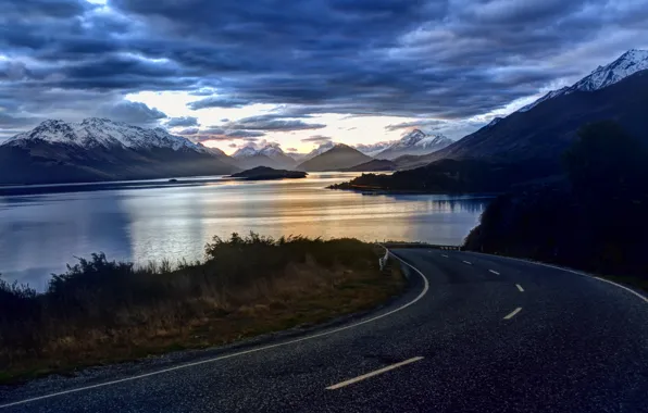 Road, sea, the sky, water, clouds, trees, mountains, nature