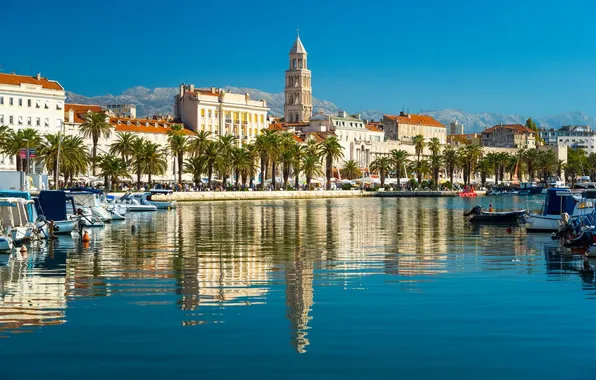 Sea, the city, palm trees, Marina, boats, promenade, the reflection in the water, Croatia