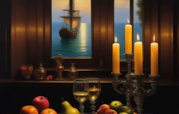 Ship, candles, Table, fruit
