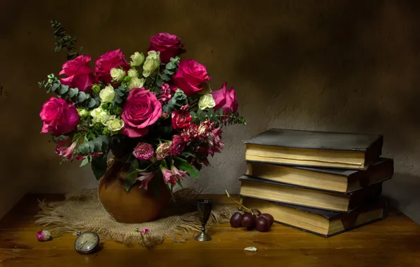 Flowers, style, watch, books, roses, bouquet, grapes, still life