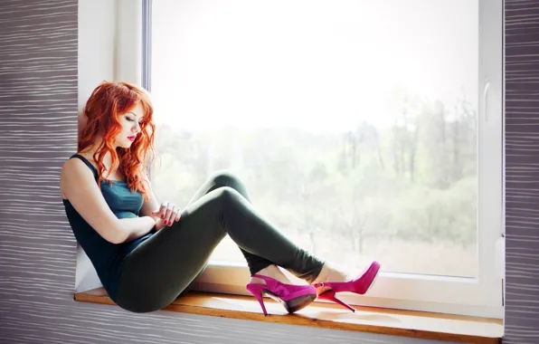 Picture sexy, window, redhead, heels