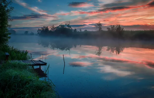 Picture landscape, nature, fog, river, dawn, morning, Bank, mostok