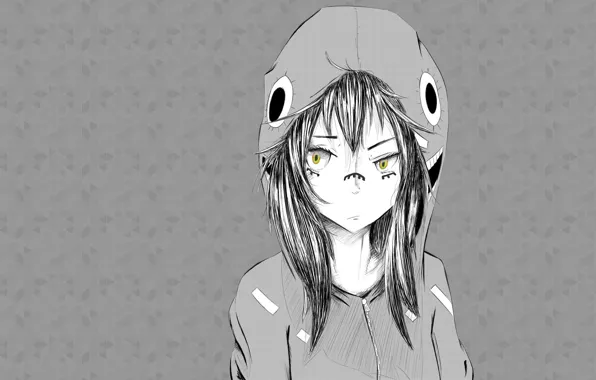 Picture girl, art, black and white, hood, yellow eyes, pencil work