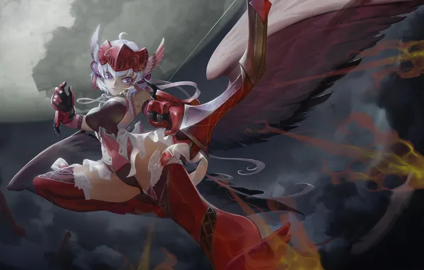 Girl, wings, bow, art, arrows, fire, senki zesshou symphogear, yukine chris