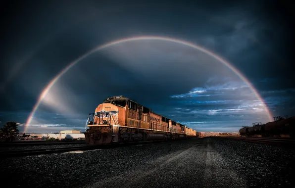 Train, rainbow, railroad
