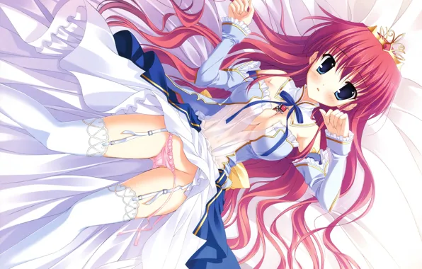 Crown, corset, Princess, ruffles, red hair, big eyes, visual novel, lying on her back