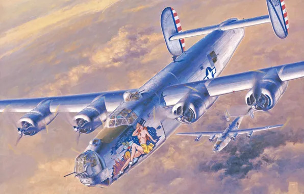 Picture war, art, painting, aviation, ww2, american bomber, Consolidated B-24 Liberator