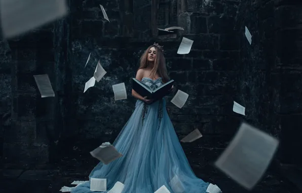 Girl, dress, book, page, Bird Man, The Storyteller