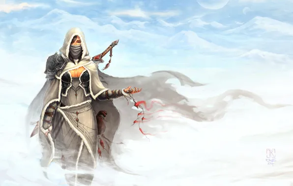 Picture snow, mountains, the wind, magic, Girl, sword, hood, amulet