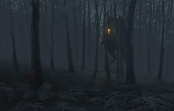 Forest, trees, children, hut, fantasy, art, gloomy
