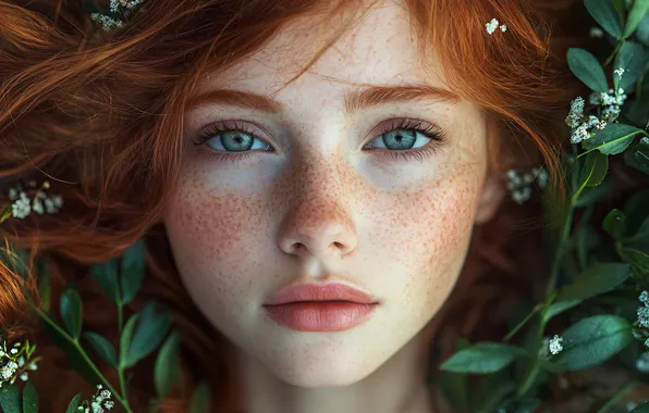 Look, leaves, girl, face, glade, portrait, lies, freckles