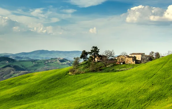 The sky, grass, trees, mountains, house, Italy