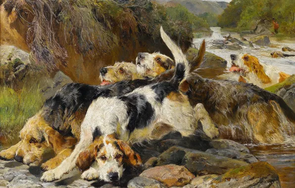 Picture Picture, Dogs, River, British animal artist, John Sargent Noble, John Sargent Noble, Otterhounds