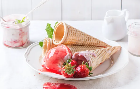 Berries, ice cream, horn, syrup, strawberry, waffle, Natasha Breen