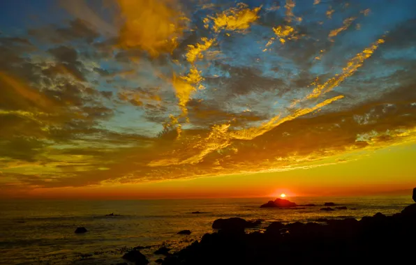 Picture sea, the sky, the sun, clouds, sunset, stones, shore