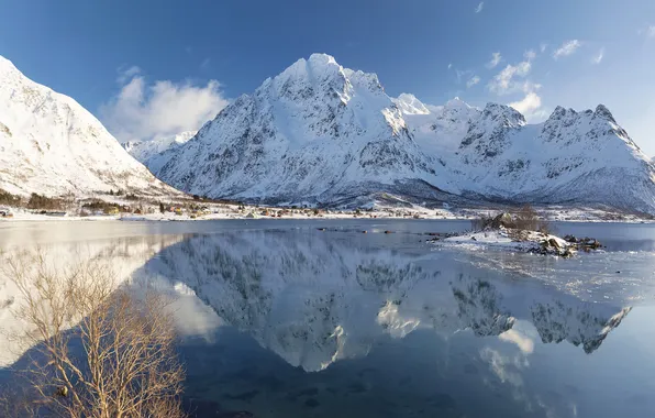 Winter, snow, landscape, mountains, nature, lake, reflection