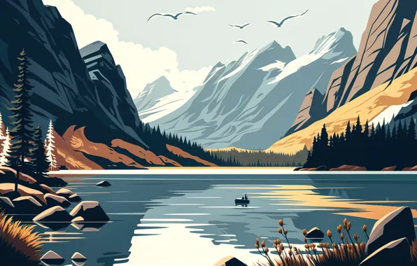 Forest, the sky, landscape, mountains, birds, nature, lake, reflection