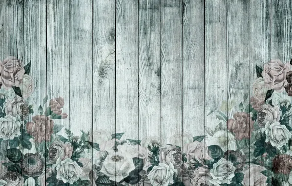 Flowers, retro, Wallpaper, roses, wood, vintage