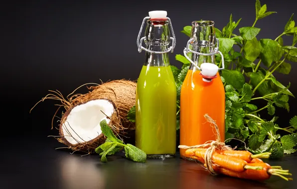 Greens, coconut, juice, carrots