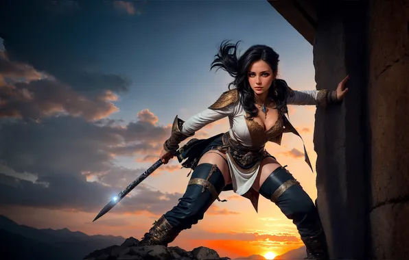 Girl, sword, fantasy, cleavage, sunset, blue eyes, brunette, digital art