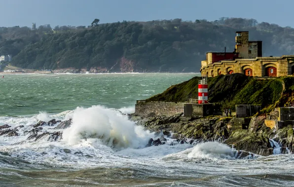 Sea, stones, coast, surf, UK, fortress, Fort Bovisand
