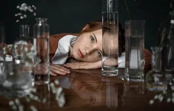 Glass, water, girl, flowers, pose, reflection, table, hands