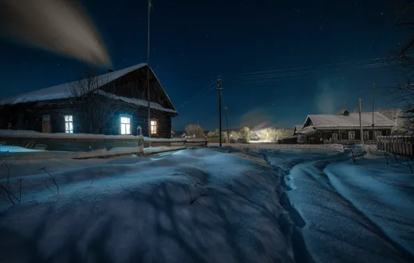 Picture winter, snow, landscape, night, nature, village, home, stars