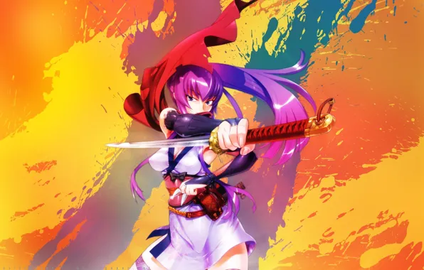 Picture girl, paint, katana, anime, bright