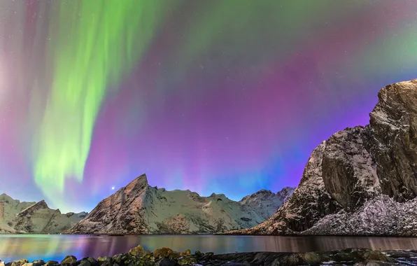 Stars, mountains, shore, Northern lights, Norway
