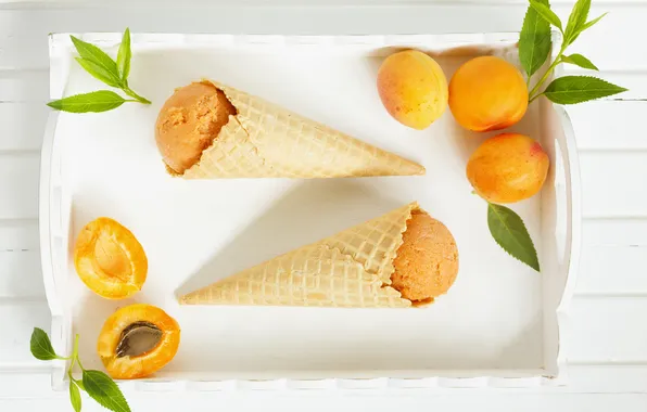 Picture ice cream, leaves, horns, apricots