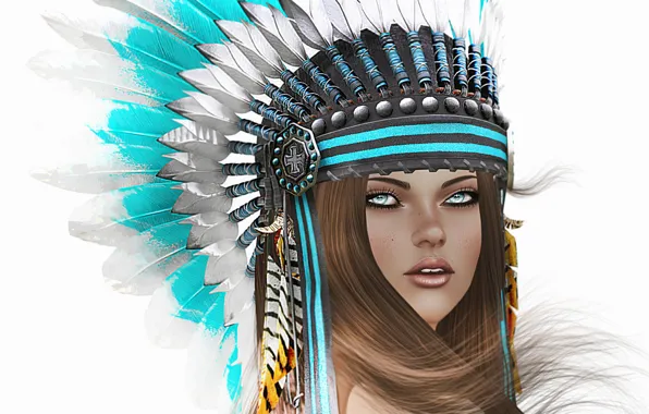 Picture look, girl, face, background, hair, feathers, headdress